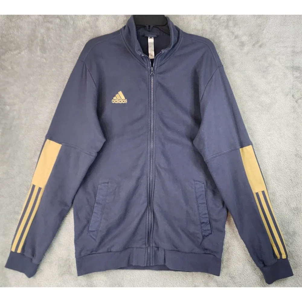 Adidas Trio Tracksuit Mens Large Jacket Medium Joggers Navy Blue Gold Set - Picture 2 of 16